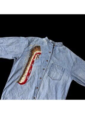 Vintage Western Denim Shirt Cambridge Dry Goods Headdress Embroidery Size 8 READ